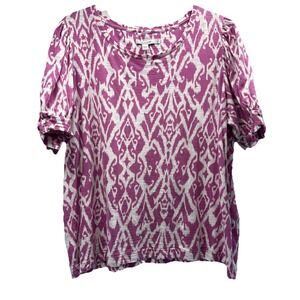 Chicos Women's Top Size XL Pink White Short Puff Sleeves Pullover Cotton Blend